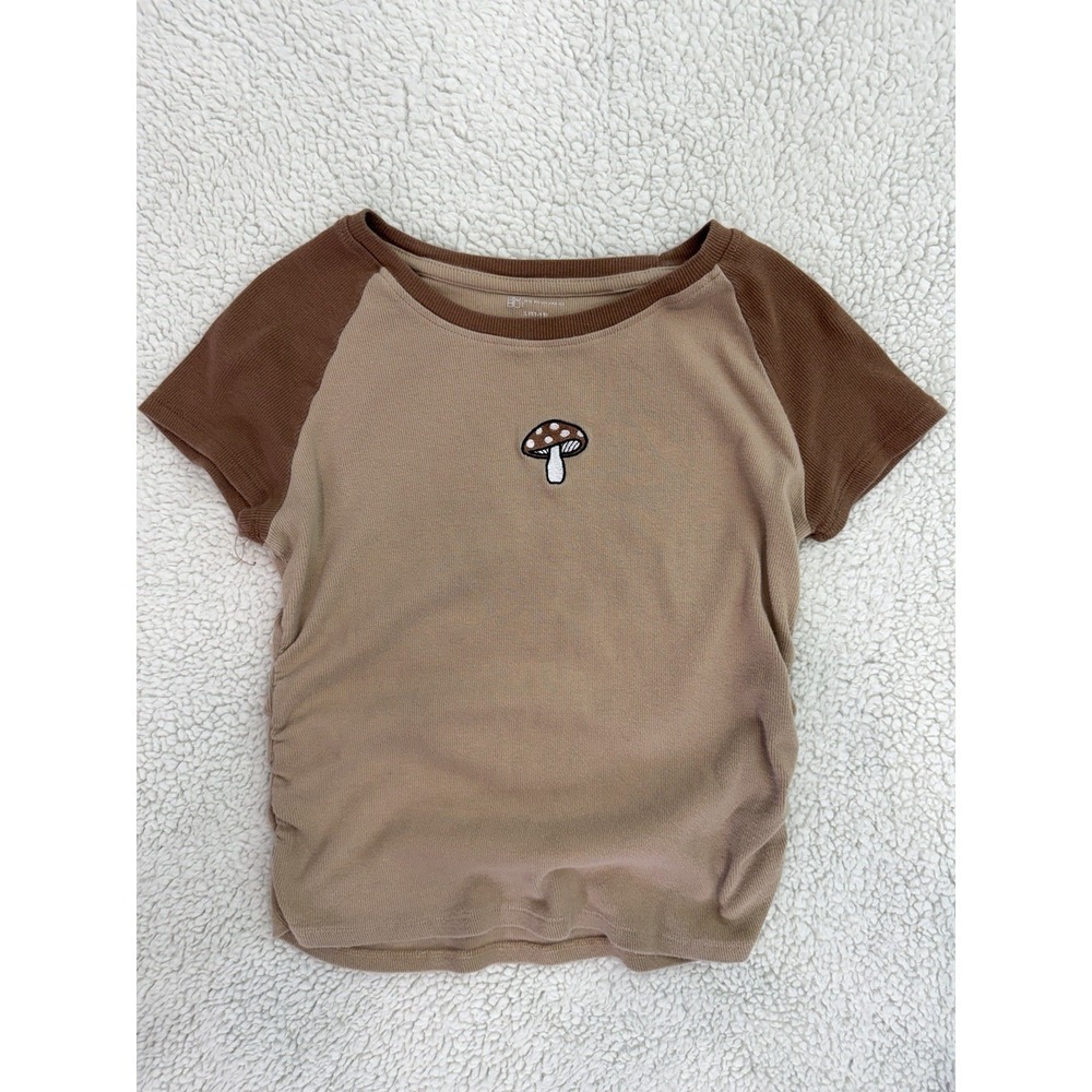 No Boundaries Mushroom Ribbed Baby Tee Youth 11-13 Or S Tan Y2K Fairycore